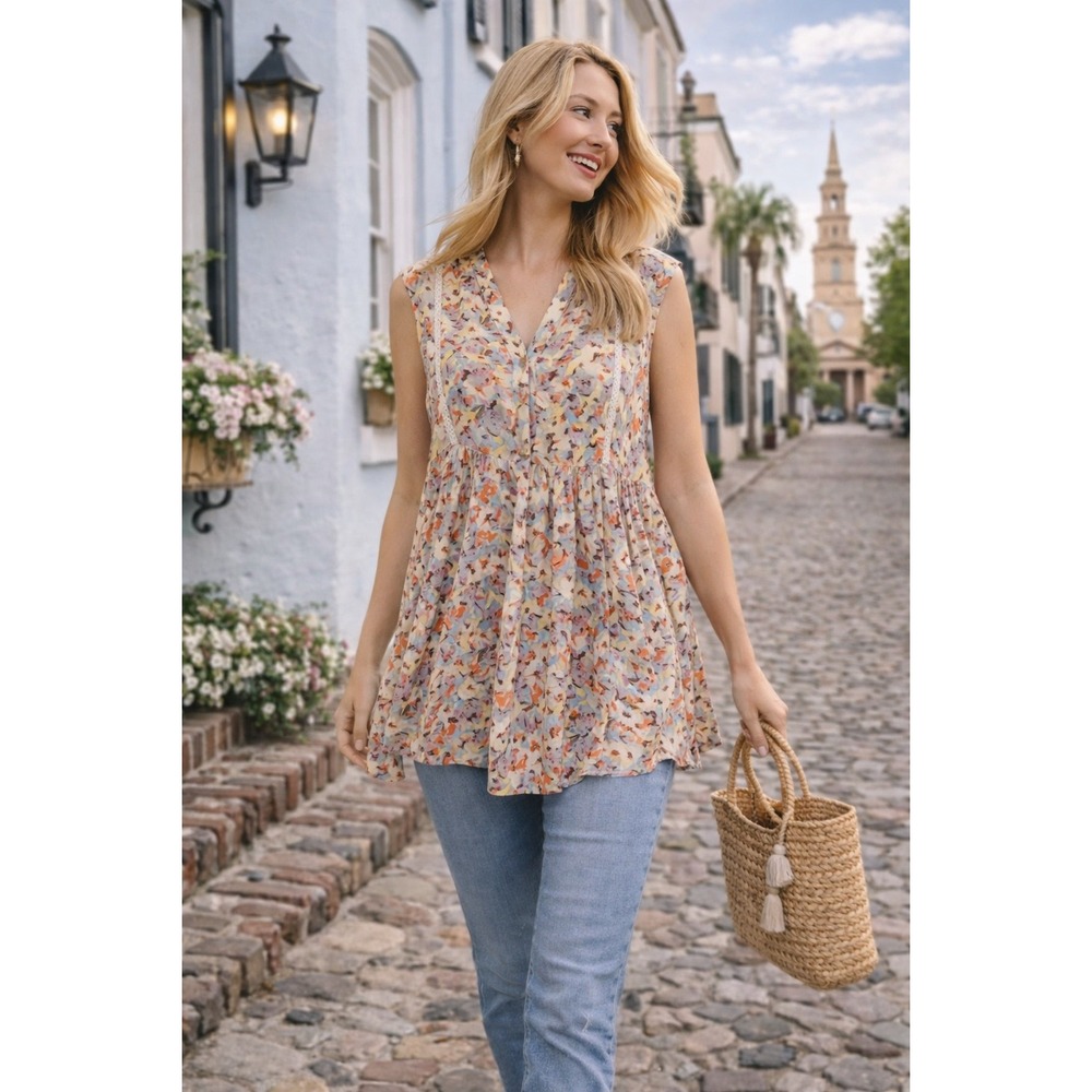 WB9 Anthropologie Vanessa Virginia Abstract Floral Ladder‎ Lace Tunic Top